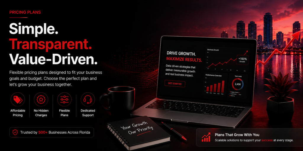 Pricing hero with bold white and red headlines—"Simple. Transparent. Value-Driven."—a laptop showing charts on the right and a dark cityscape background to convey business growth.