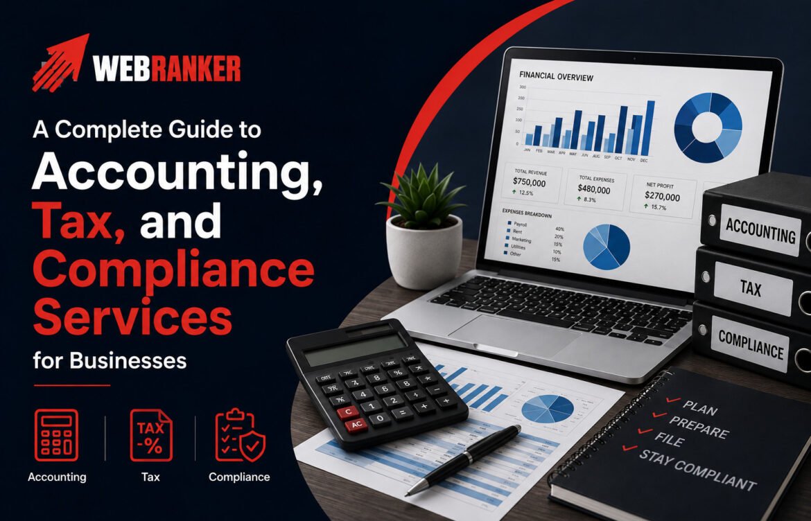 Promotional banner for WebRanker offering accounting, tax, and compliance services for businesses with charts on a laptop and labeled binders.