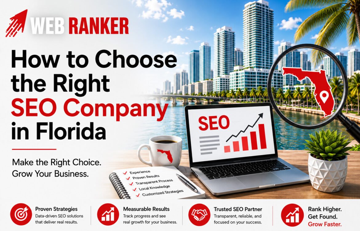 WebRanker banner: 'How to Choose the Right SEO Company in Florida' with Florida map under a magnifying glass, city skyline, and a laptop showing an SEO chart.