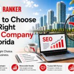 WebRanker banner: 'How to Choose the Right SEO Company in Florida' with Florida map under a magnifying glass, city skyline, and a laptop showing an SEO chart.