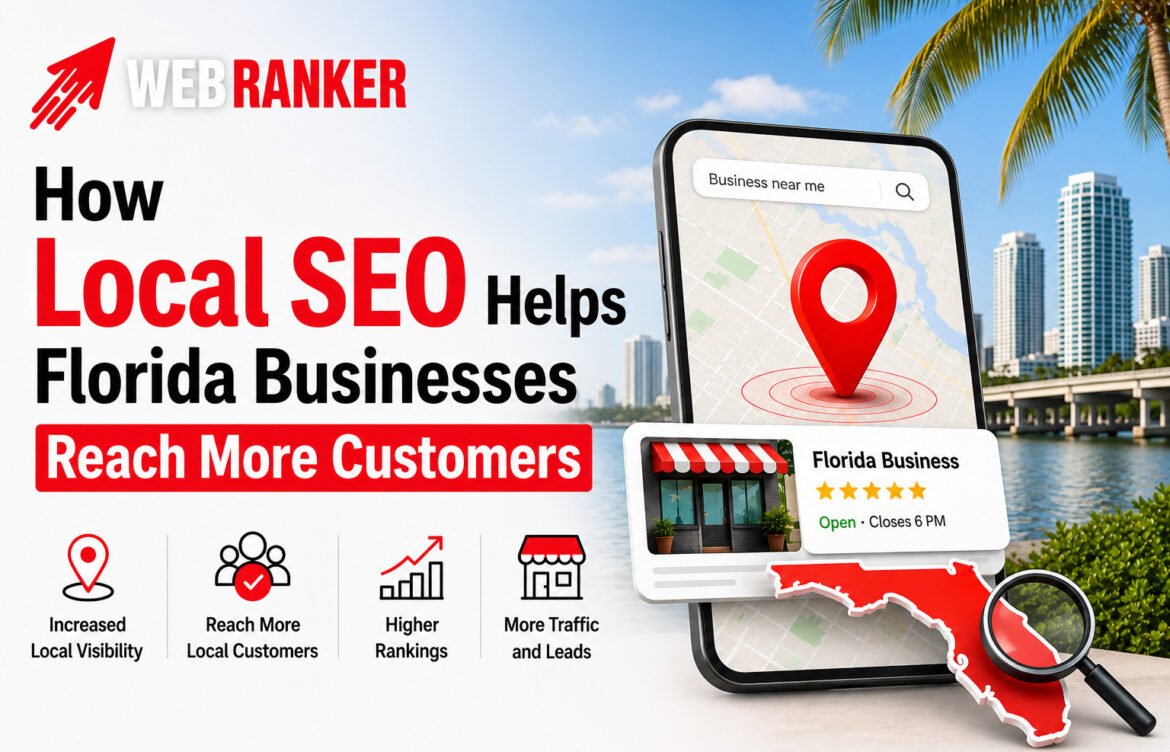 WebRanker banner showing how local SEO helps Florida businesses reach more customers, with a smartphone map pin, storefront icon, and Florida outline in a cityscape backdrop.