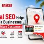 WebRanker banner showing how local SEO helps Florida businesses reach more customers, with a smartphone map pin, storefront icon, and Florida outline in a cityscape backdrop.